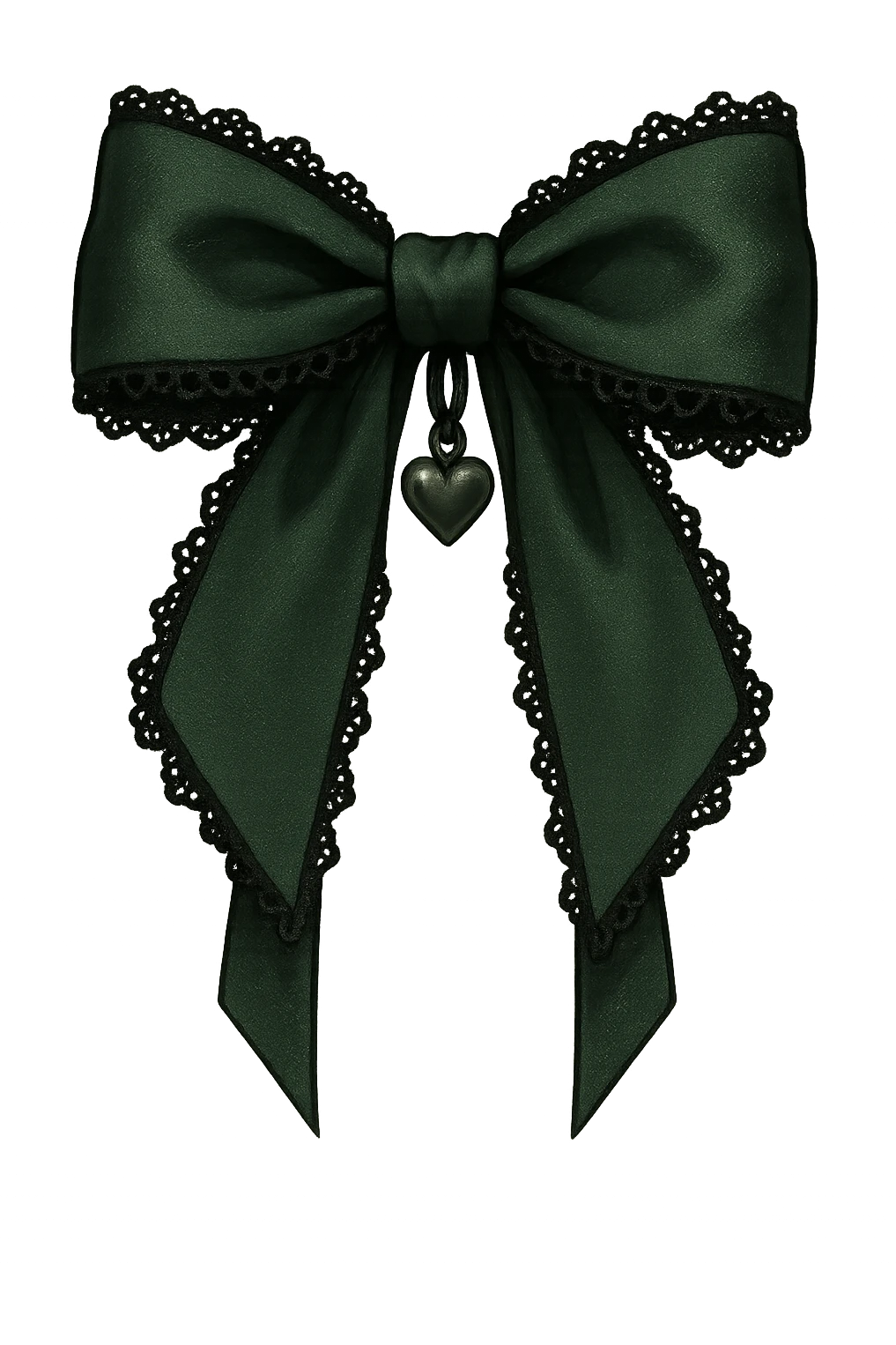 green gothic bow with black lace trim and heart charm, remove background emoji