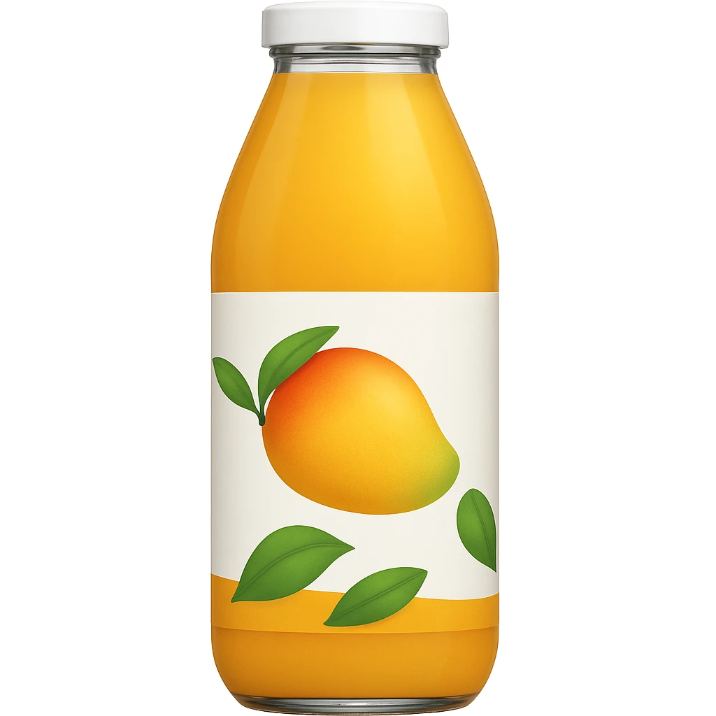 Change the juice and label to mango flavor, with a mango illustration on the label, matching the style and bottle shape of the reference image. emoji