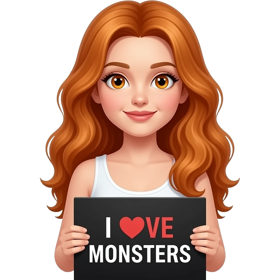 sexy girl with long wavy ginger hair and ginger eyes wearing a white tanktop is holding a black colored sign with I LOVE MONSTERS written on it emoji