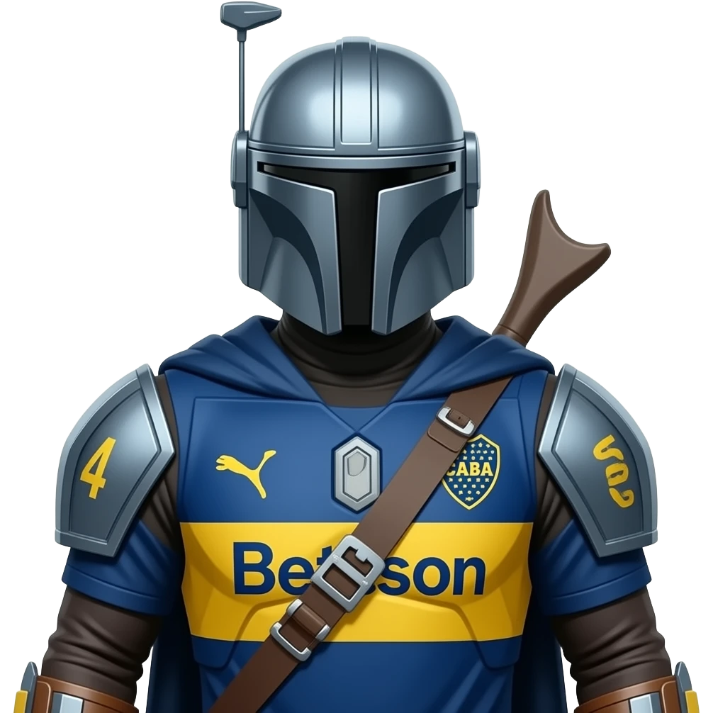 I need a Mandalorian wearing a Boca Juniors soccer jersey (an Argentine team) featuring the latest design, with the crest reading “CABJ” and the logo or sponsor on the yellow part of the jersey reading “Betsson.” emoji
