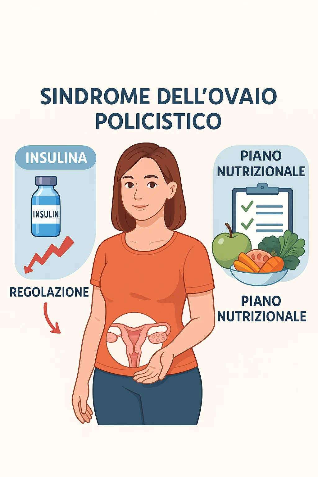 donna con un piano nutrizionale  in 3D immagine medica donna pcos in italiano basta anche solo un riferimento all'insulina emoji