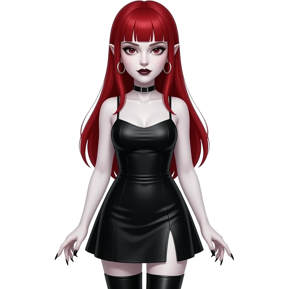 Vampiro femmina con pelle bianca capelli lunghi  rossi dritti e la frangetta che indossa un abito stretto in vita e largo sotto che arriva alle ginocchia nero con anfibi lunghi, orecchini cerchi d'argento e unghie finte nere emoji