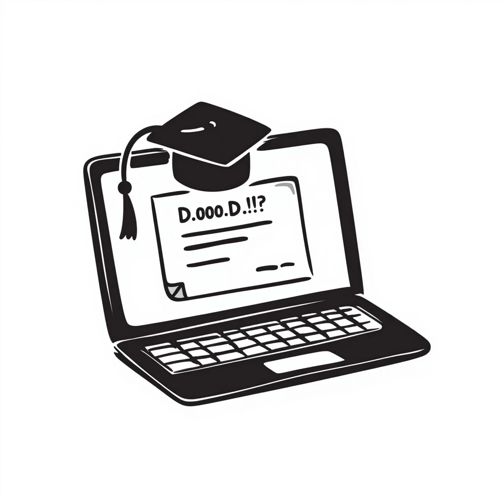 hand-drawn doodle style laptop with a graduation hat emoji