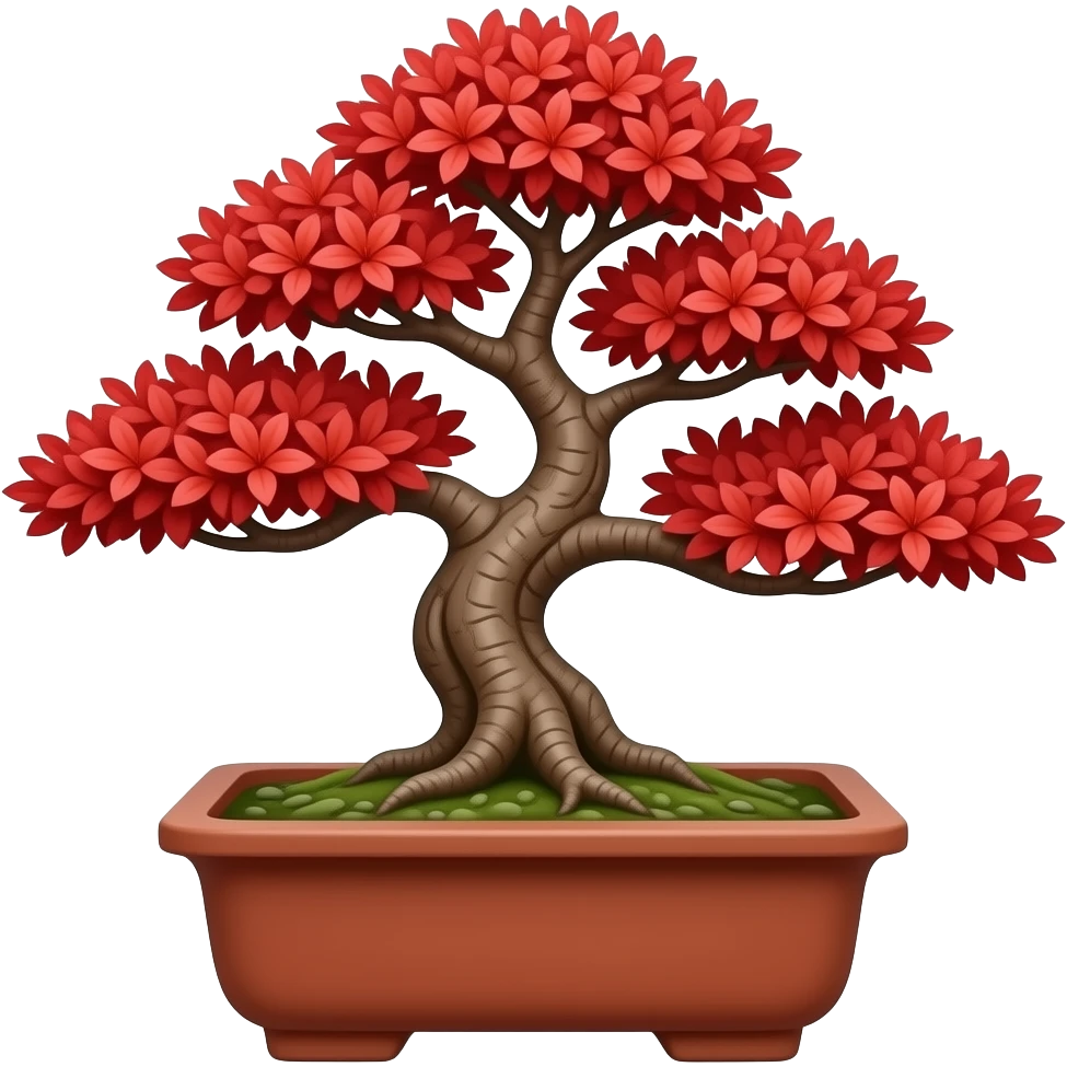 A short bonsai  horizontal in a short red clay vase, red leaves. Simple SVG low poly style emoji