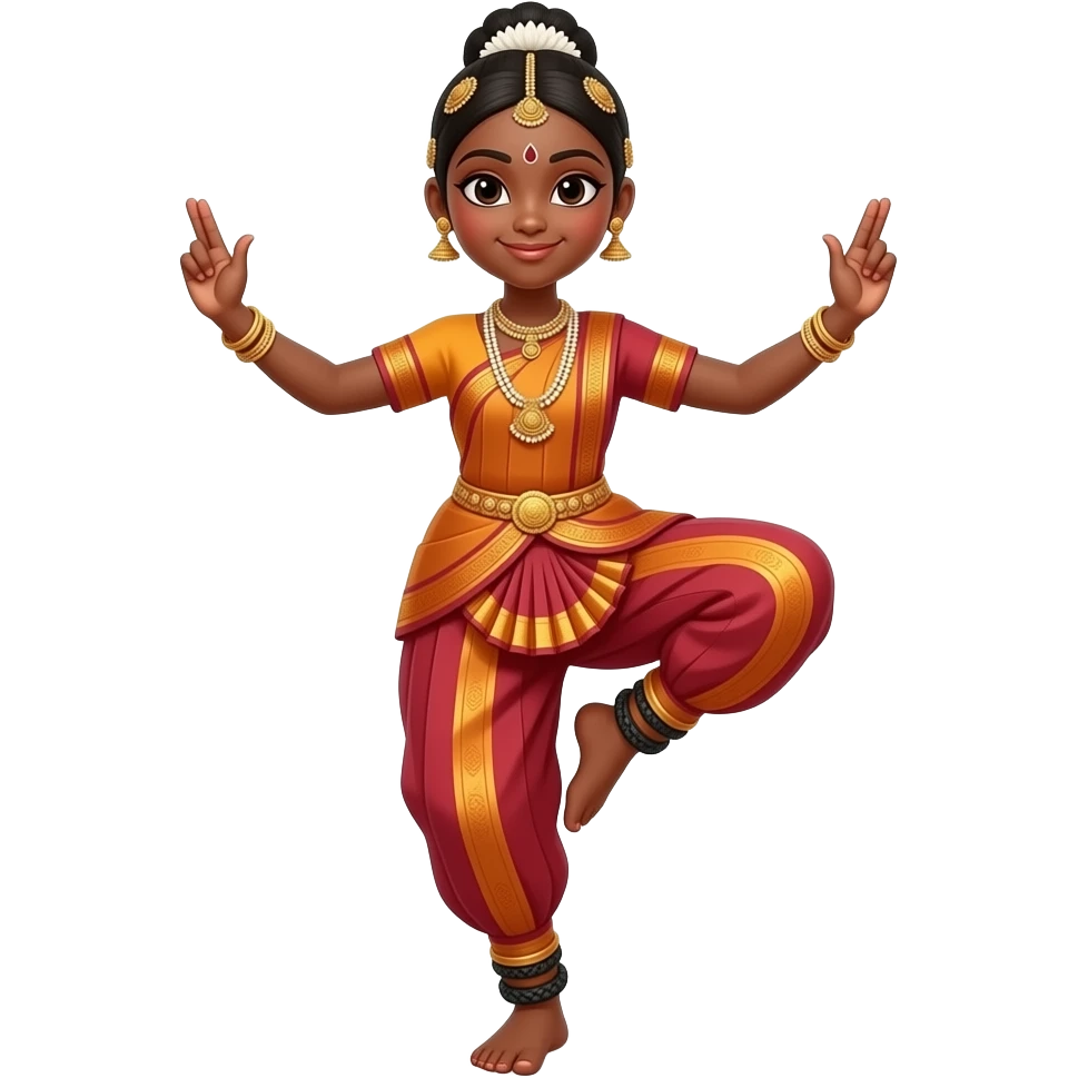 Medium brown skin girl in a bharatnataym dress doing a pose with her leg lifted up only 2 hand emoji