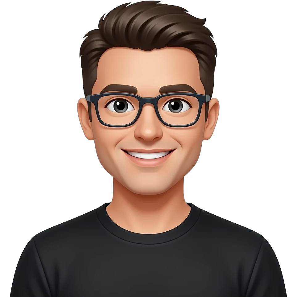 skinny man, with rectangle glasses, white skin, with very modern hairstyle, nice smile, wearing blacktshirt emoji
