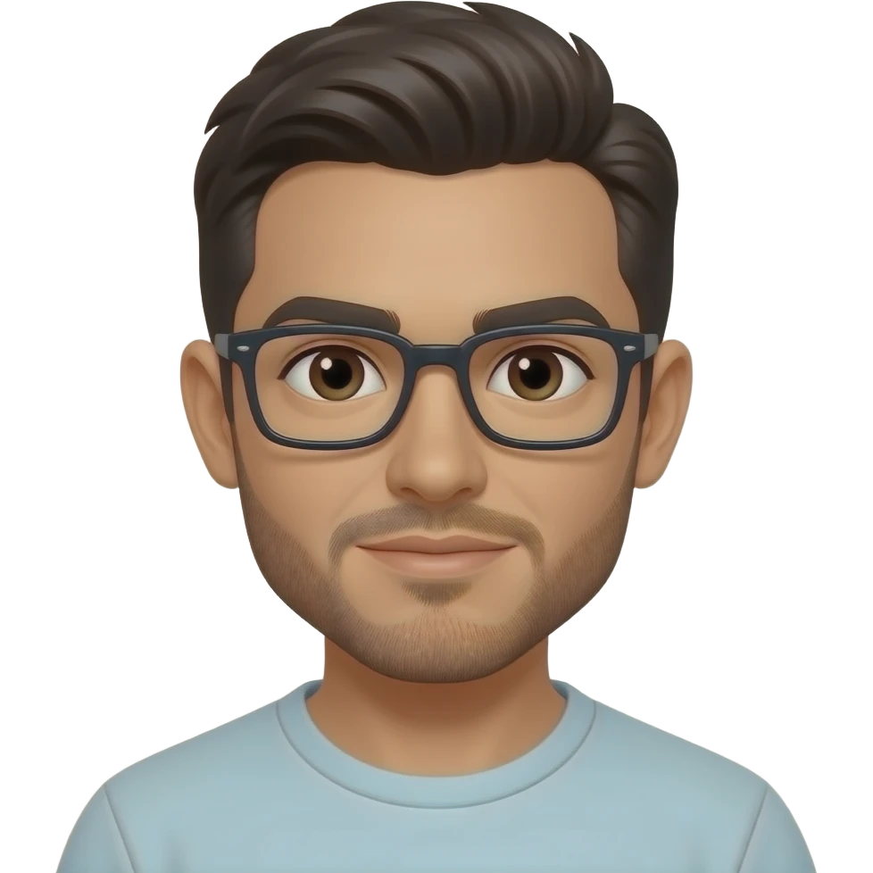latino man, very short dark brown hair, dark brown eyes, short beard and glasses emoji