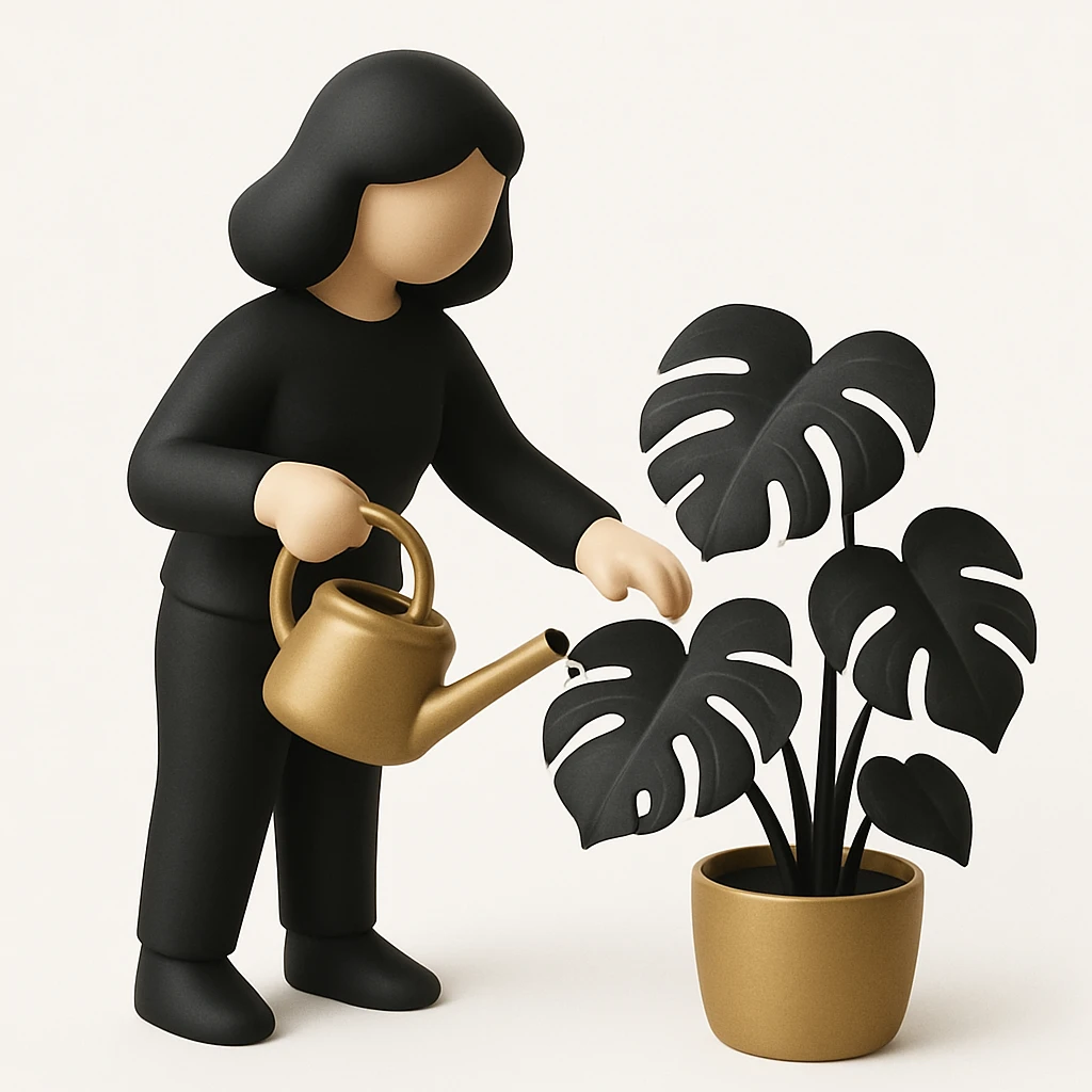 woman watering her monstera plant emoji