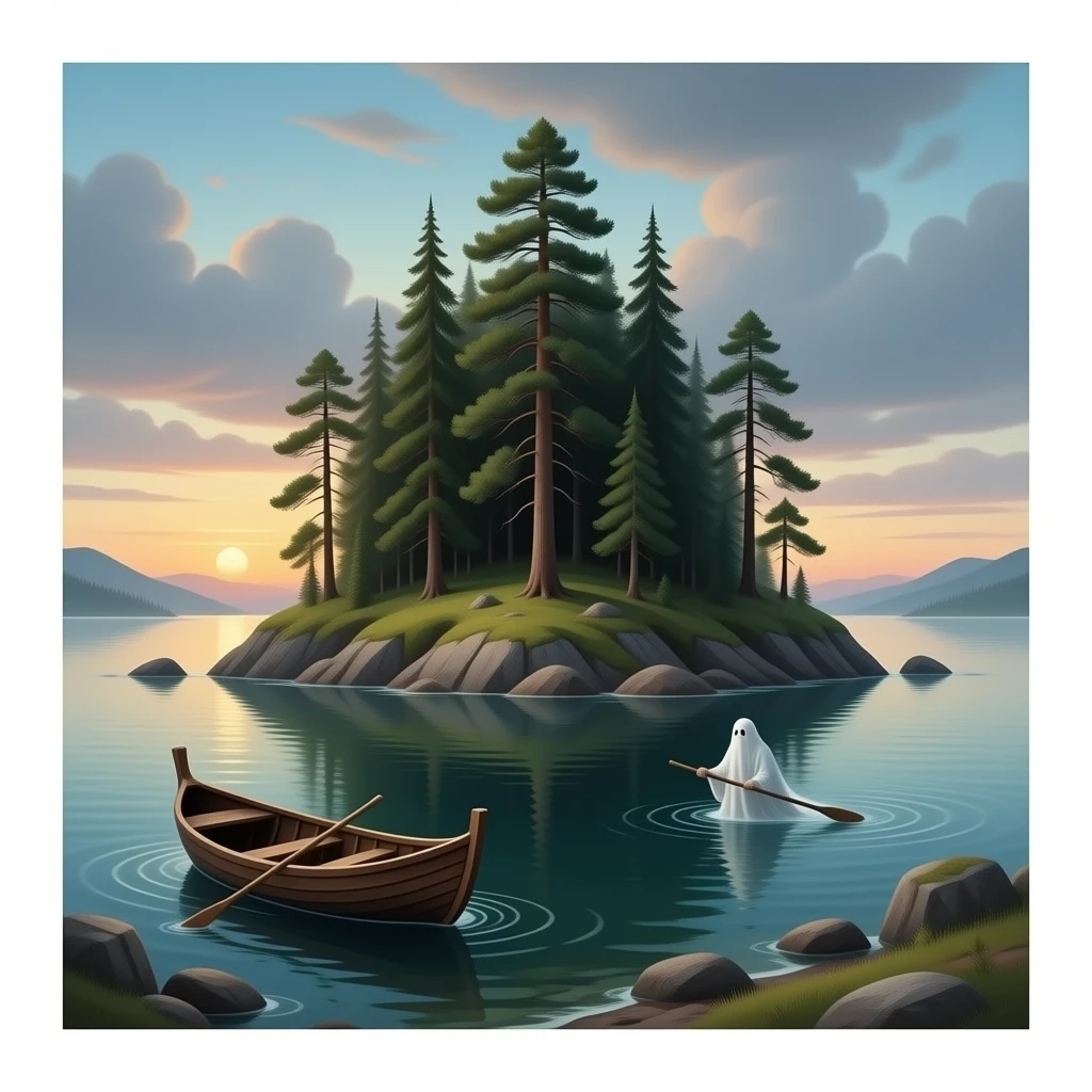 cinematic - Arnold Böcklin's Island of the Dead, a small isolated island with tall pine trees in the middle, in front of the island a broken boat with a ghost rowing emoji