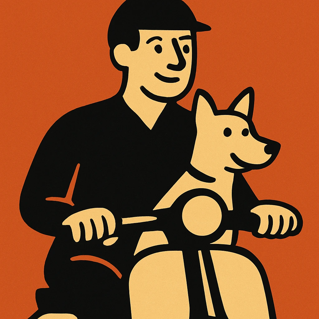 man and his pet dog riding a vespa emoji