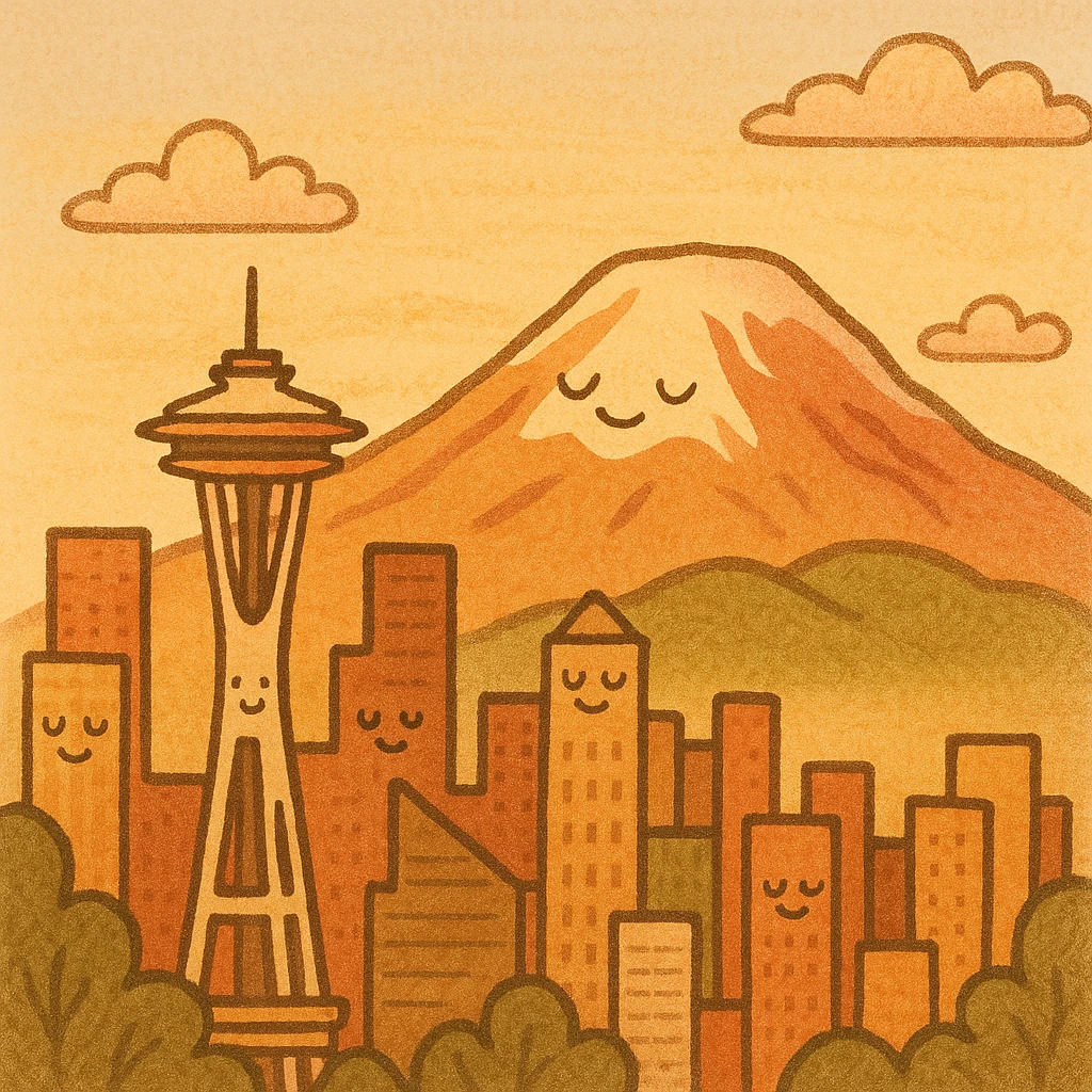 Mount Rainier and Seattle skyline, early morning light, pastel sunrise colors emoji
