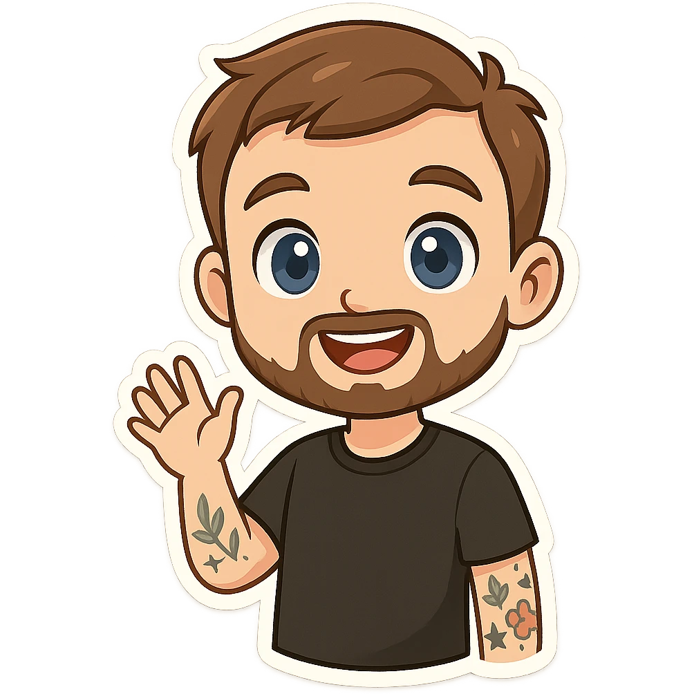 cute chibi cartoon-style male character, front-facing, short brown hair, neatly trimmed short beard, large blue eyes, smiling, waving with right hand, visible tattoos leaf star flower on left arm, wearing simple black t-shirt, smooth shading, clean lines emoji