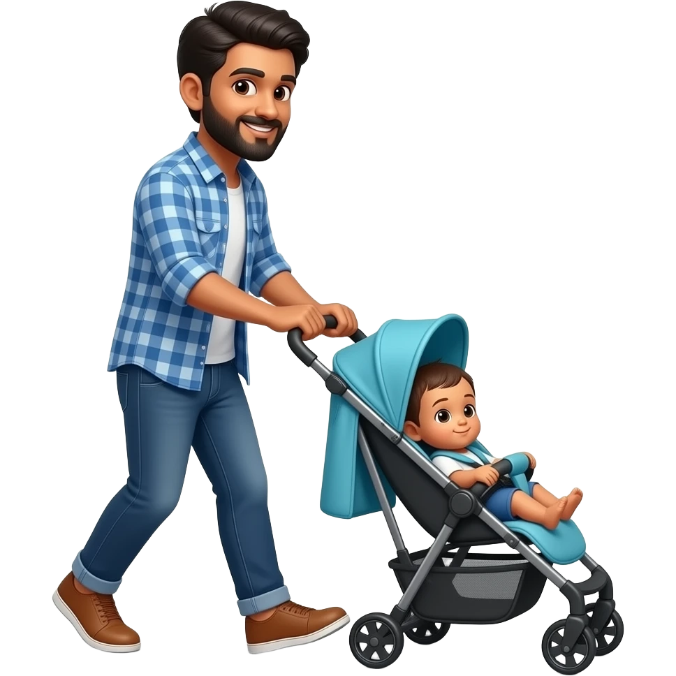 south indian young adult with beard walking baby in stroller emoji