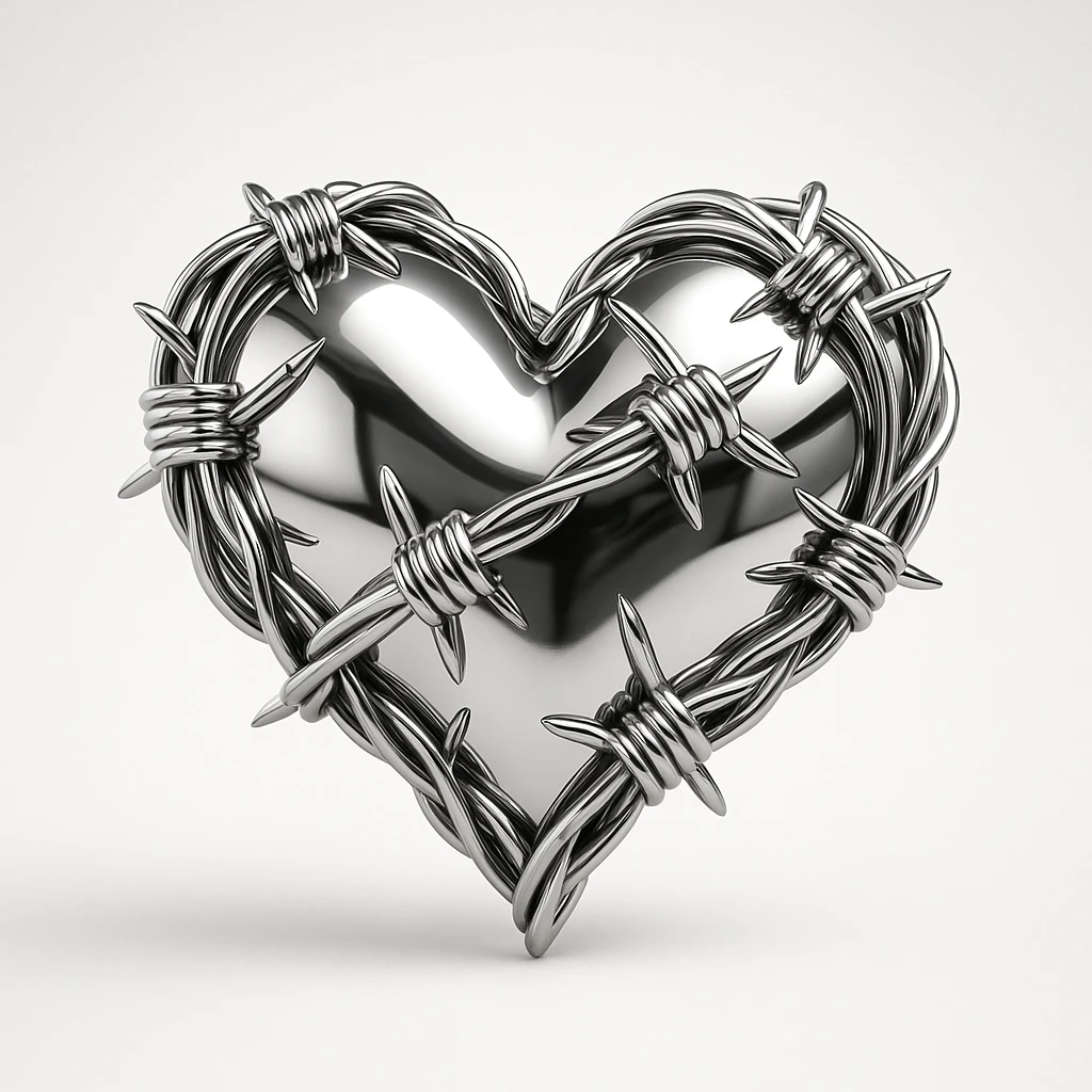 a heart made of barbed wire, metallic 3D style, shiny, reflective emoji