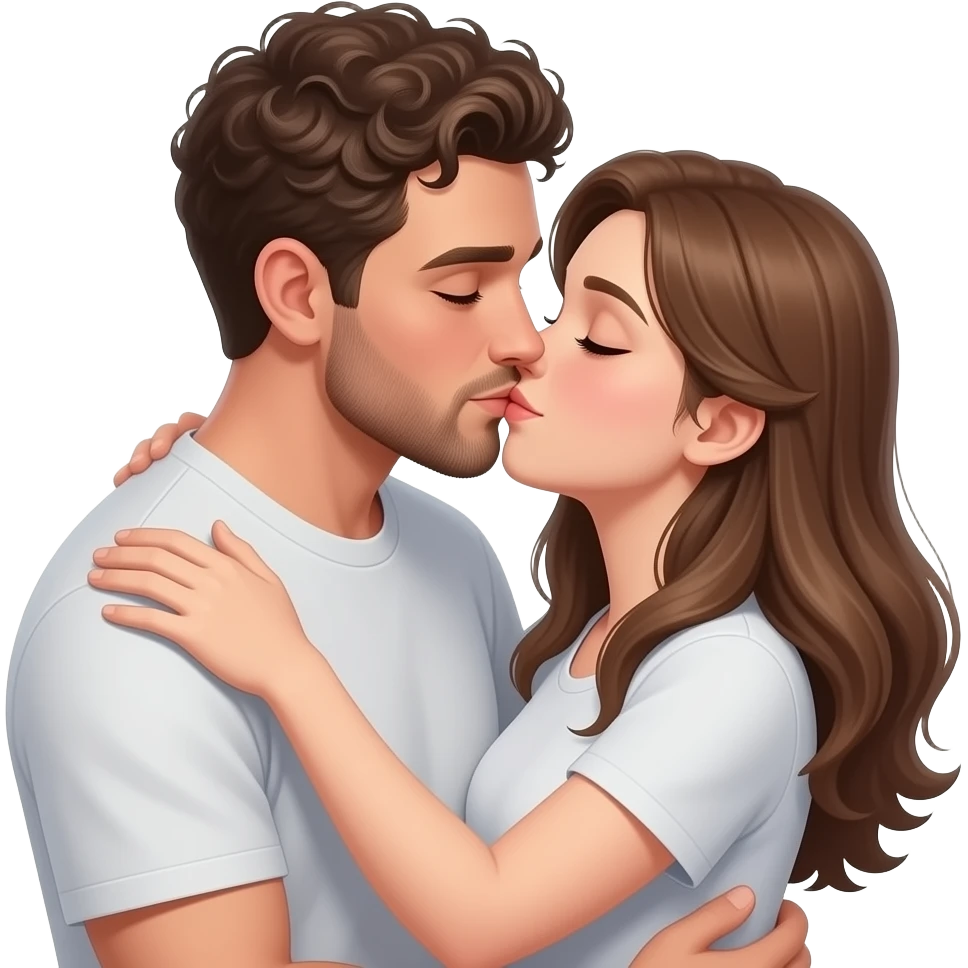 Realistic white man super short curly brown hair with beard kissing passionately and hugging realistic white girl brown hair emoji