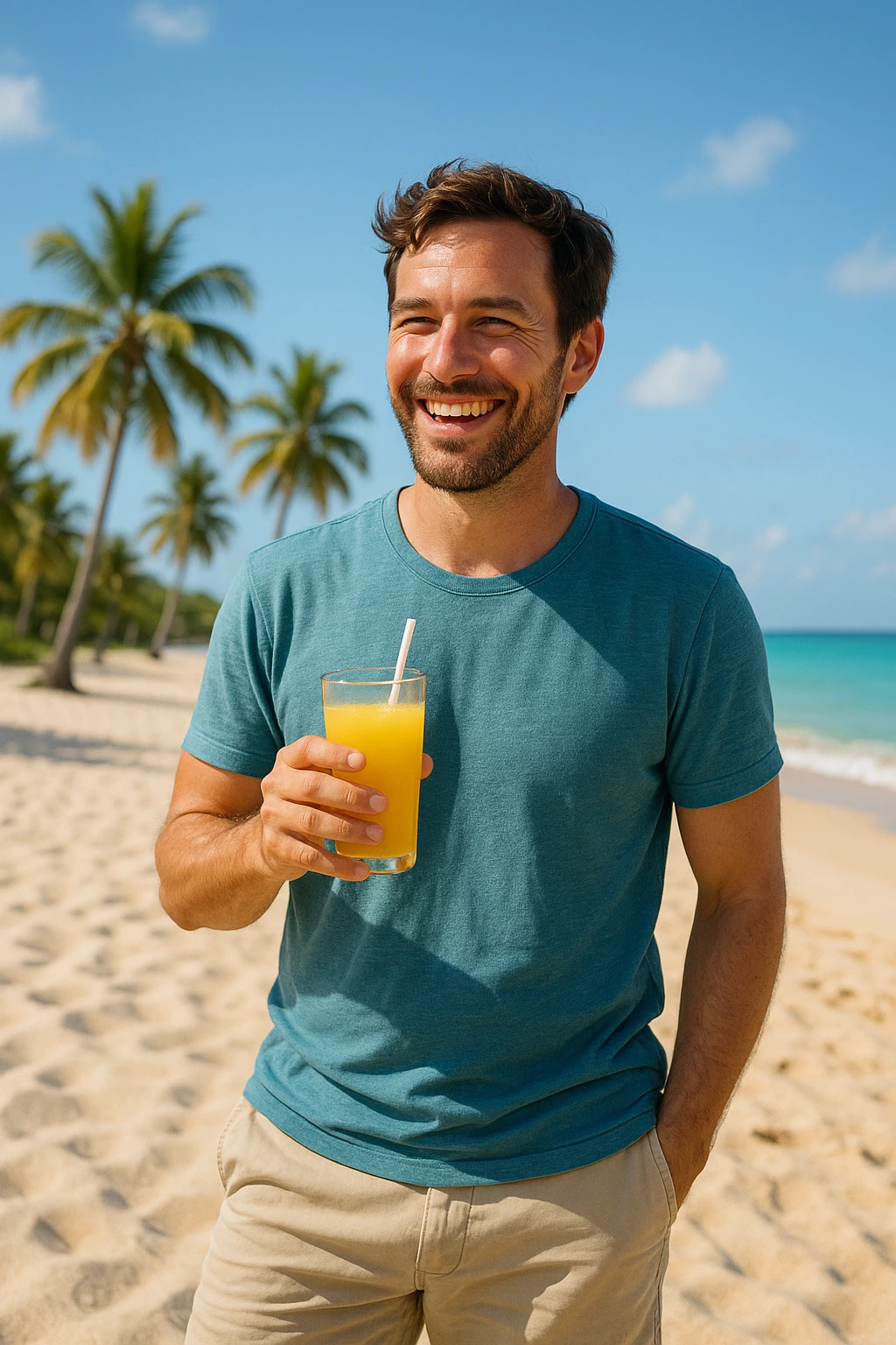 take this picture of a man and make it  beach photo with drink emoji