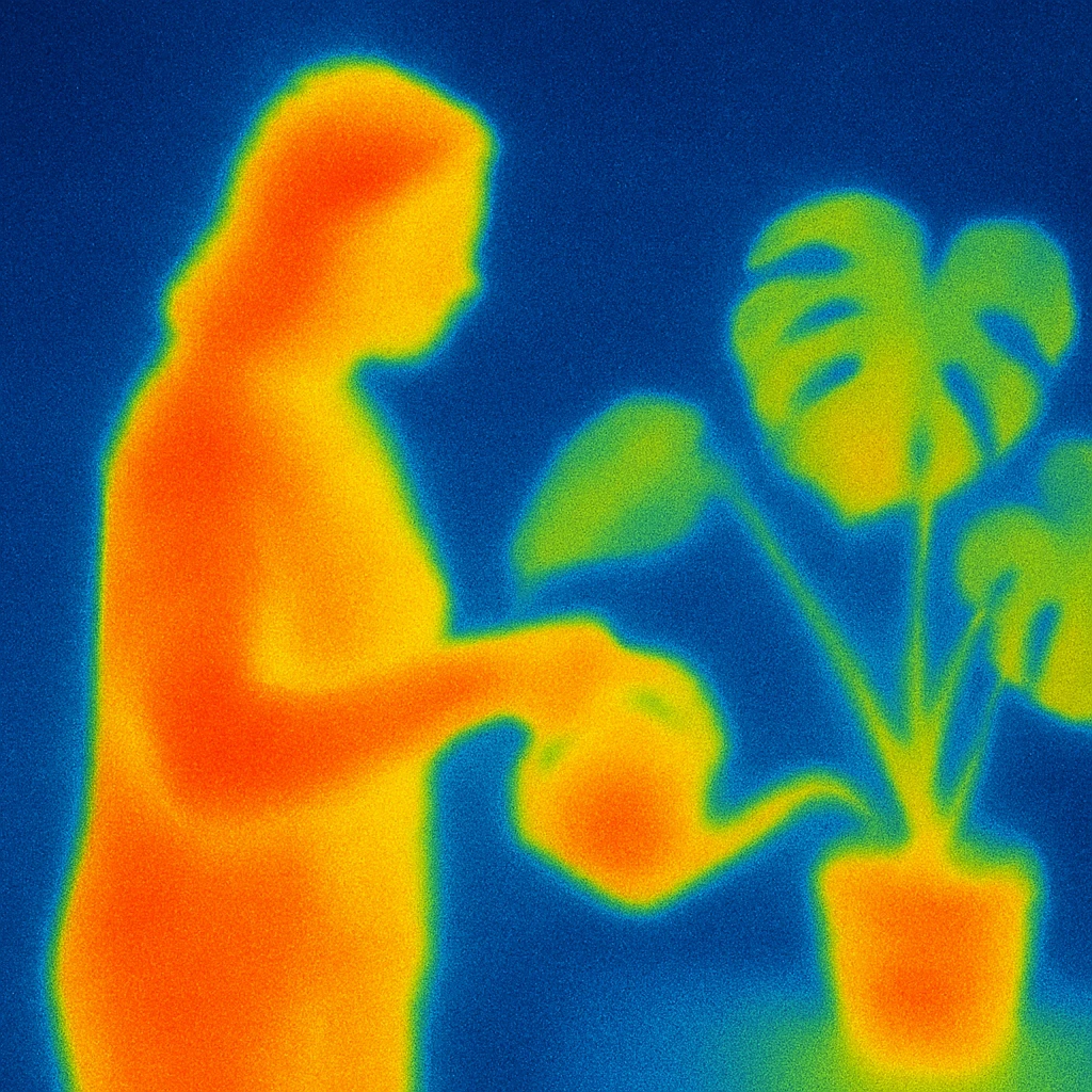 woman watering her monstera plant emoji
