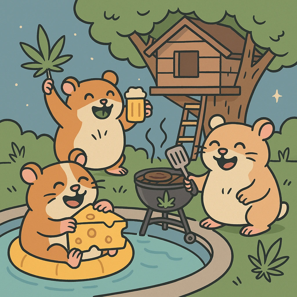 Discord server icon, square format, summer pool cookout scene with up to 3 hamsters, weed leaves, cheese, and THC theme, near a treehouse, possibly in space, flat toon style, soft but colorful, bold outlines, nostalgic, fun, inviting, summer party vibe, clear composition, less vibrant colors emoji