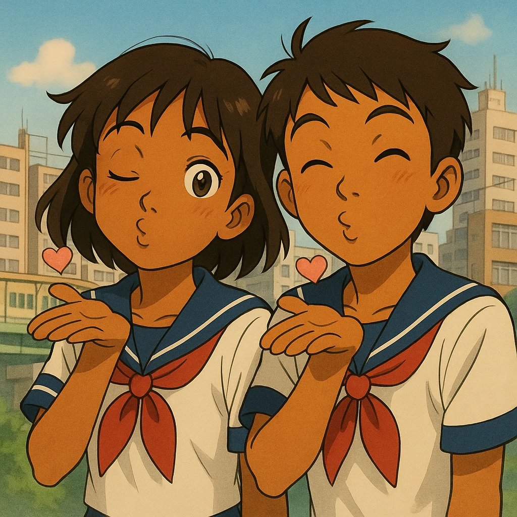Add a friendly classmate next to the Japanese brown-skinned high school girl, both in Tokyo school uniforms, winking and blowing kisses, playful and cheeky, subtle Tokyo city background in Ghibli anime style. emoji