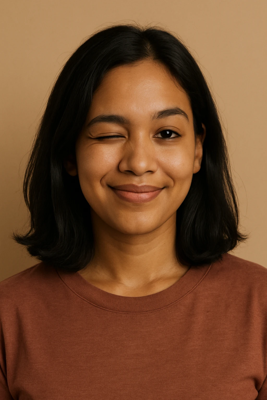 portrait of a light brown skinned female with shoulder length black hair, winking, simple background emoji