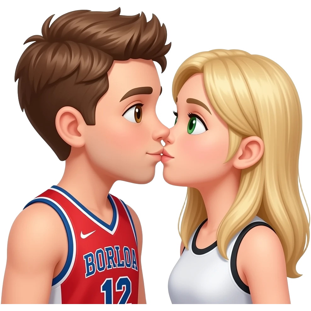 beso chico castaño claro baloncestista ojos marrones y chica rubia pelo liso ojos verdes emoji