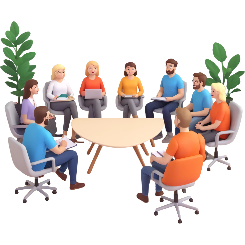 Three happy white male designers and six happy white female designers, all having a casual meeting in a cozy office setting emoji