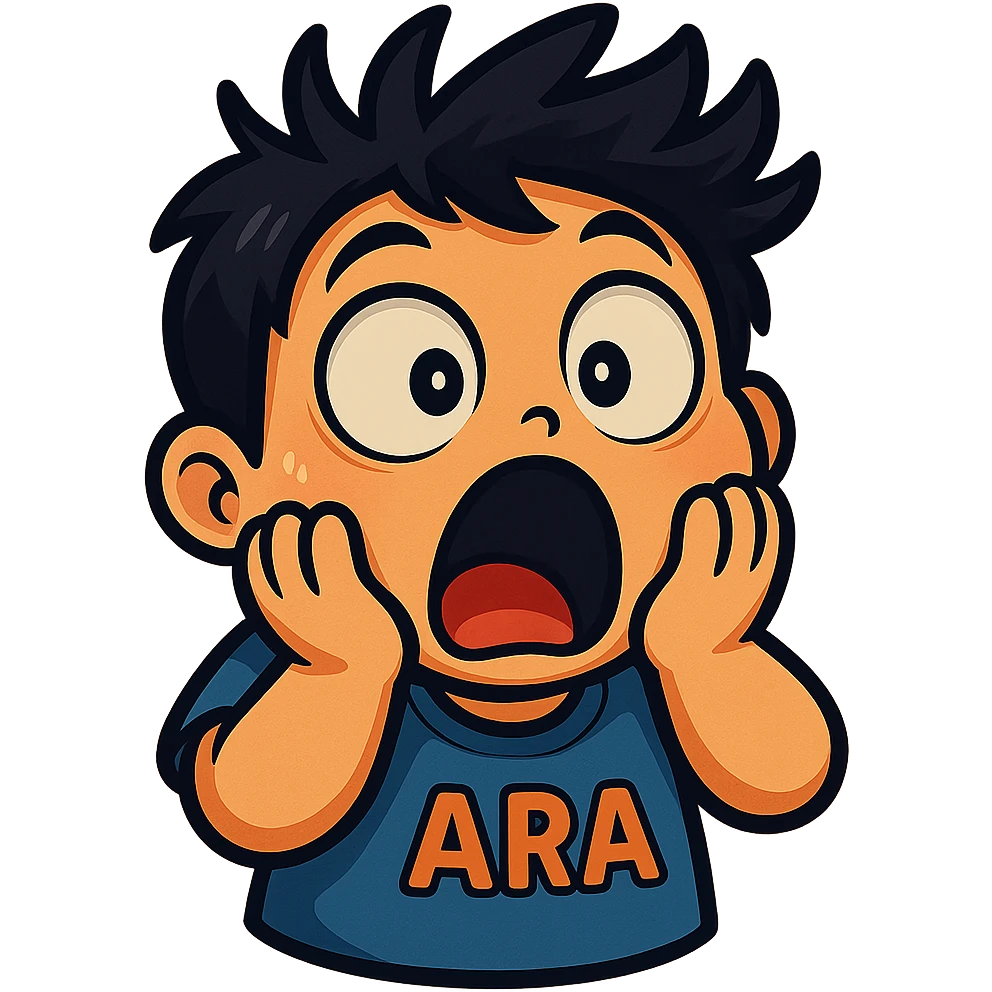Make Ara's shocked face sticker even more exaggerated with eyes bulging even larger, mouth wide open, hands on cheeks, hair standing up, cartoonish, vibrant, bold, extremely expressive style. emoji