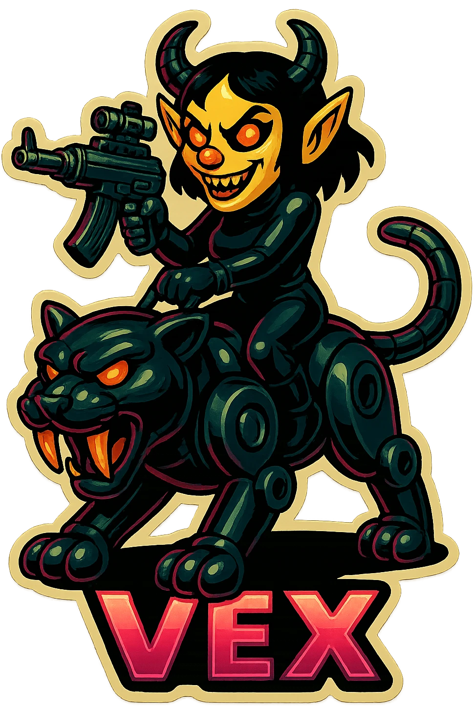 vex rides robotic saber tooth cat the black chrome cat springs with her riding it emoji