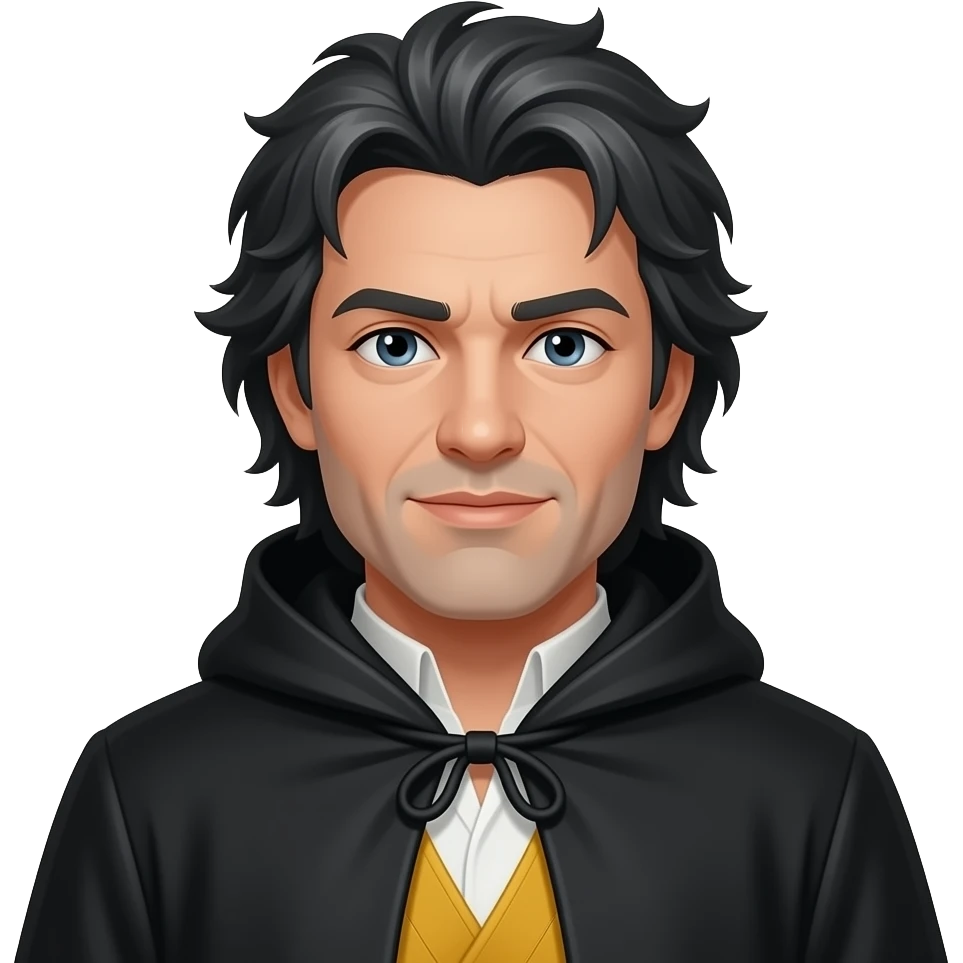 Gray man with black crazy hair with a black cloke and yellow peuples emoji