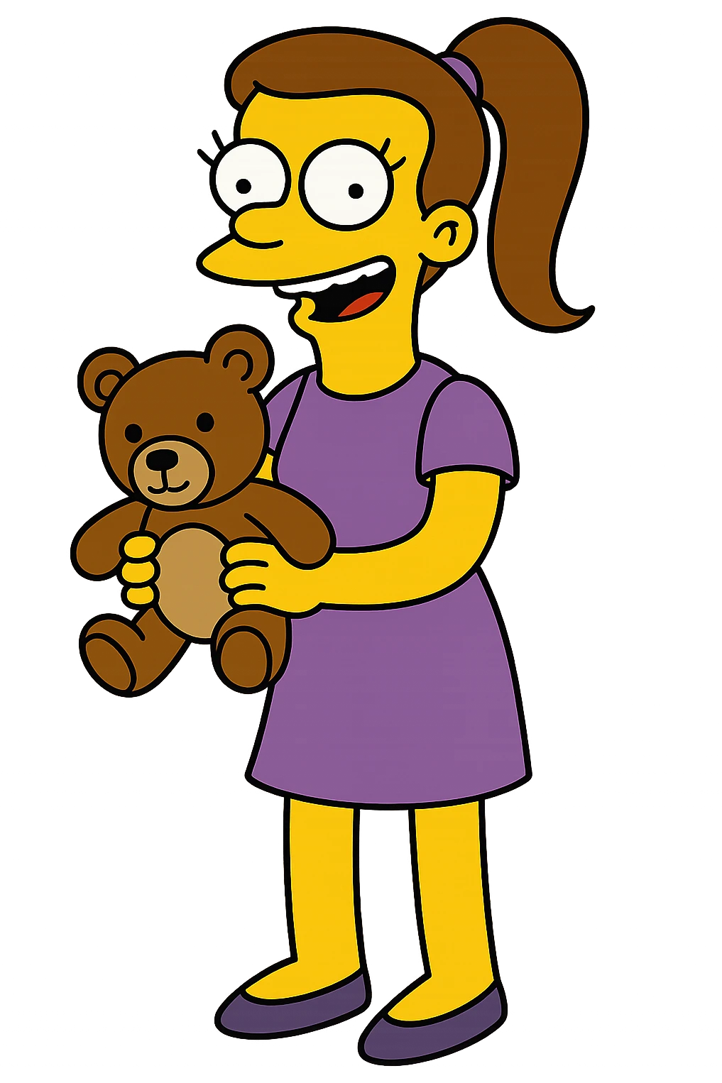 Simpsons-style babysitter, yellow skin, purple dress, ponytail, holding a teddy bear emoji