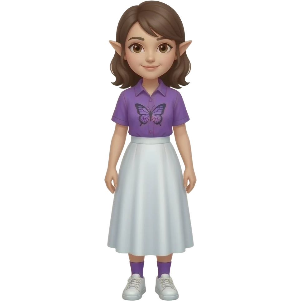 An adult woman with white/fair skin, brown hair, brown eyes and pointy ears and wearing a long white skirt, a purple butterfly shirt purple socks and white sneakers.. emoji