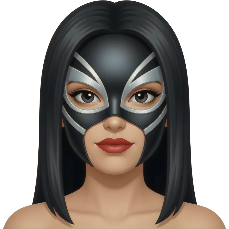 Mascara  de luchador de mujer que se le vea el cabello negro largo y lacio, la mascara negro con plateado con diseño como si fuera un androide un Ciborg que sea simétrico que no se le vea el torso para nadaaaa, y se vea sus labios rojos y tenga ojos de color negro emoji