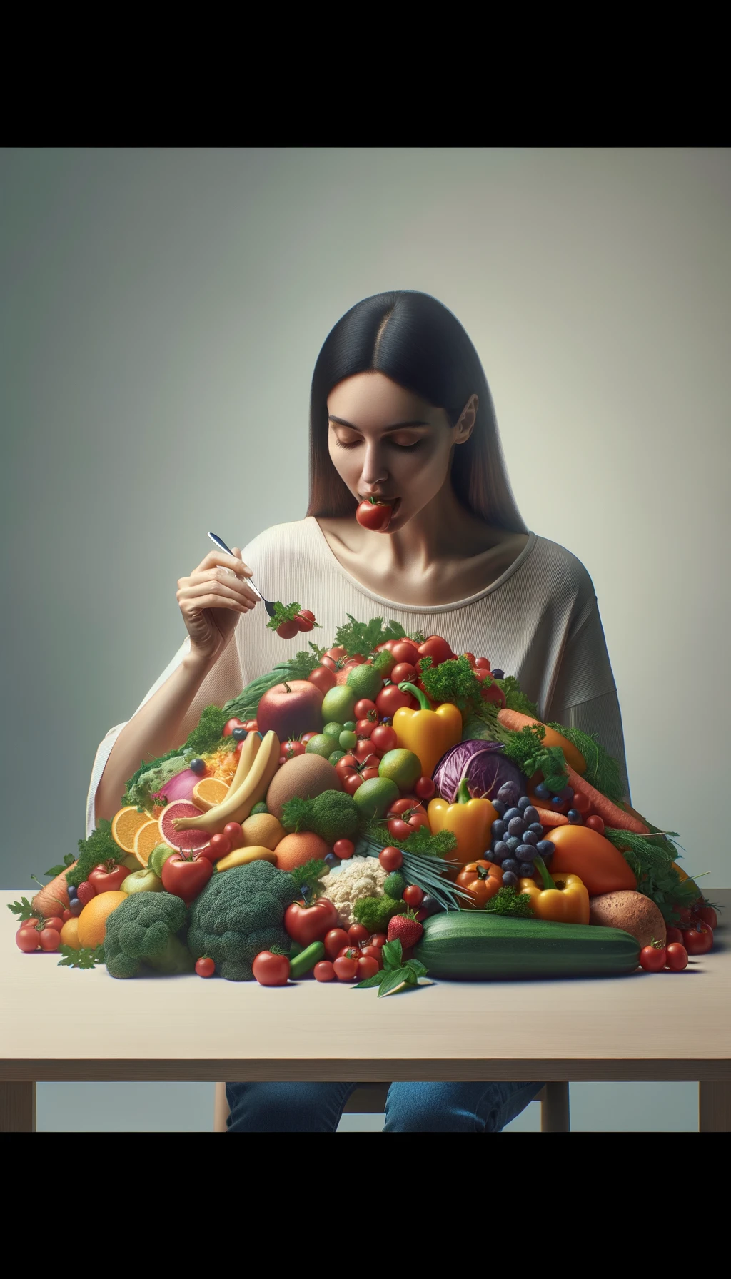 donna che mangia una montagna di frutta e verdura, SFONDO molto CHIARO NEUTRO, colori realistici, iperrealistico 4k emoji