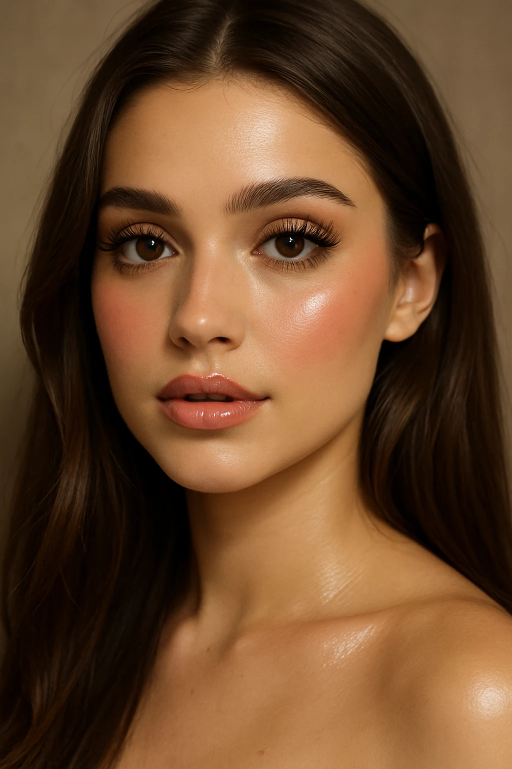 close-up portrait of a pretty girl with long brown hair, brown eyes, dramatic long lashes, nude lip liner, glowing highlighter, rosy blush, glossy lips emoji