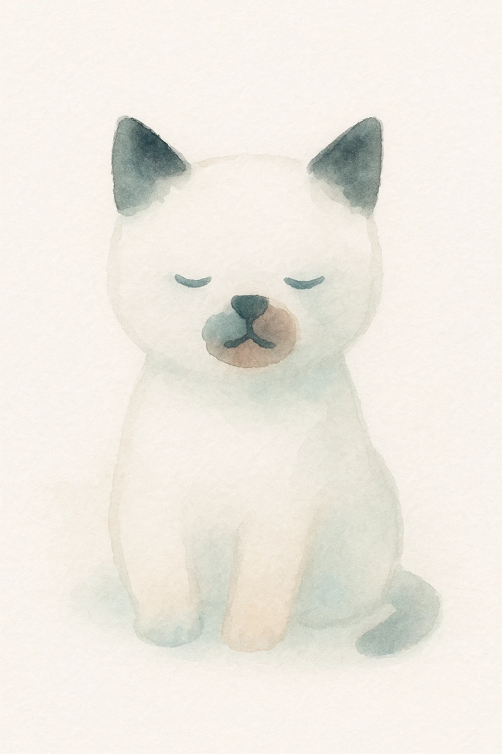 white kitten with a black spot on each ear and a black patch around its mouth, soft painterly style emoji