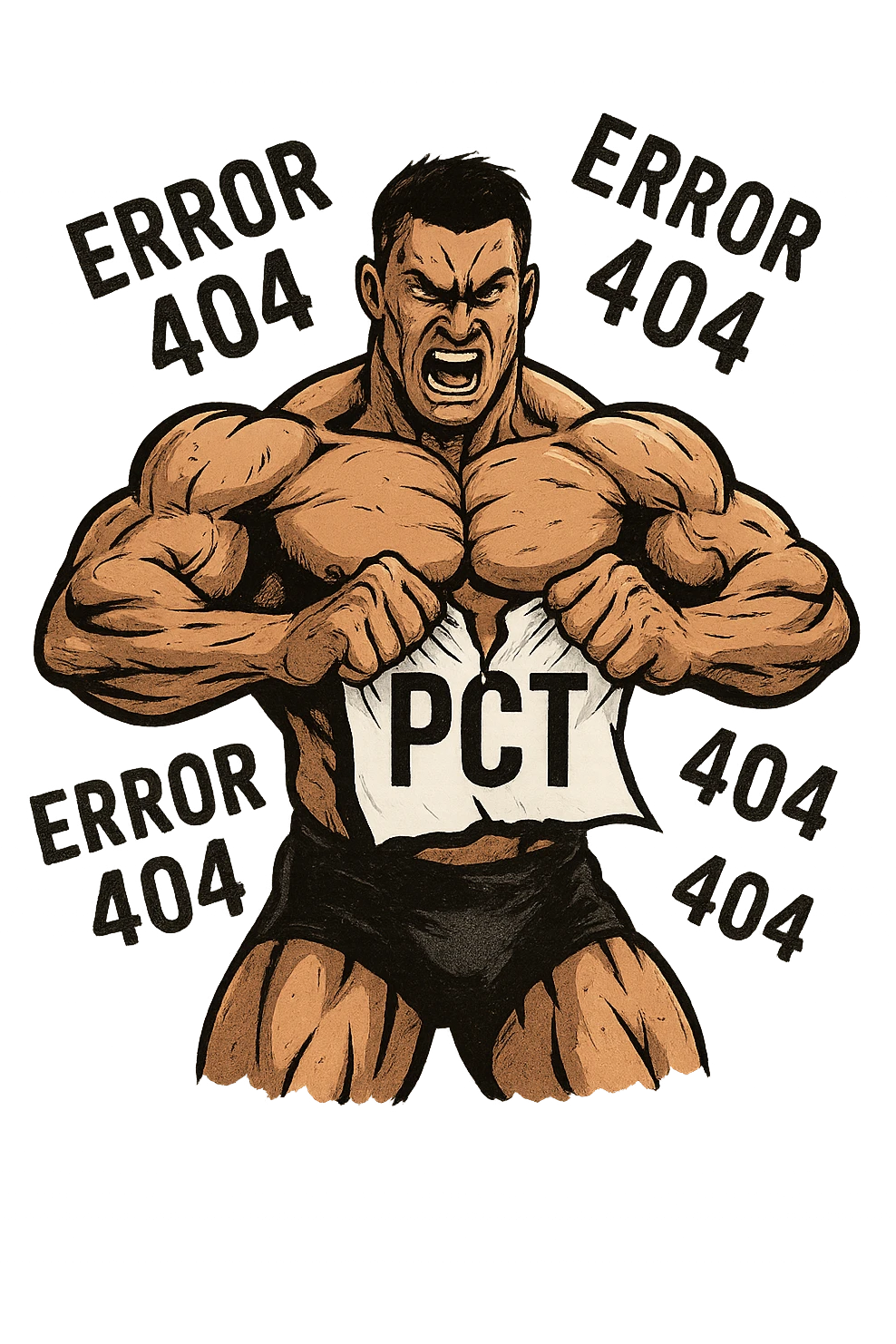 bodybuilder che strappa un foglio con la scritta "PCT" INTORNO A LUI FLUTTUANO LE PAROLE "ERROR 404" emoji