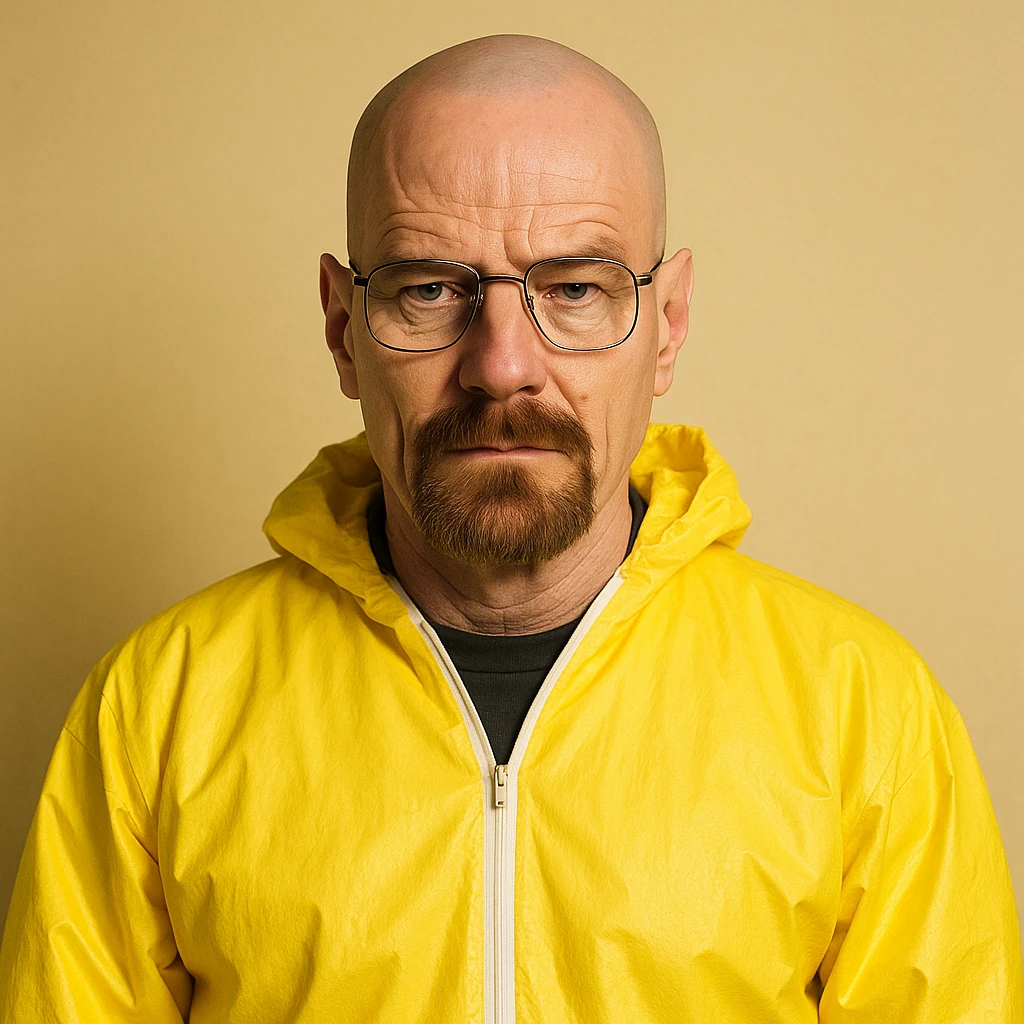 Walter White, bald man with glasses and goatee, wearing a yellow hazmat suit, serious expression, iconic TV character, simple background emoji