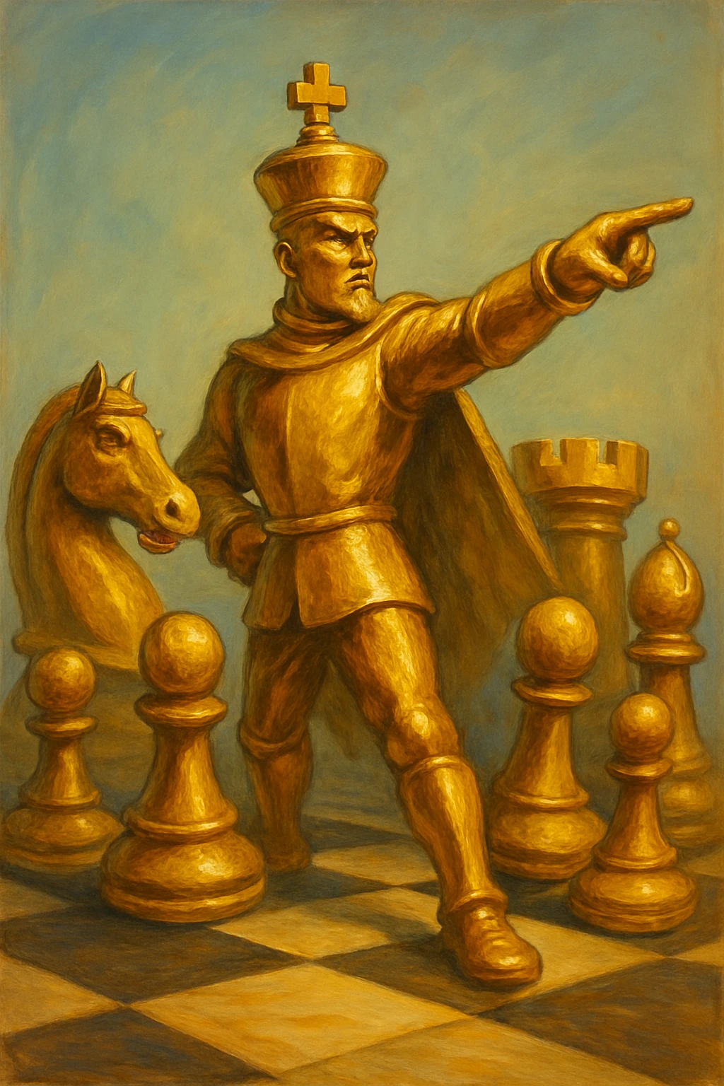 В cлегка рисованной, но при этом объемной, яркой и фотореалистичный стилистике сгенерируй картинку где по центру стоит шахматный король сделанный из качественного золота, он указывает пальцем в даль как военноначальник, а рядом фигуры пешек, конь, ладья, слон идут в атаку, на полу виднеется шахматная доска, фон позади фигур однотонный emoji