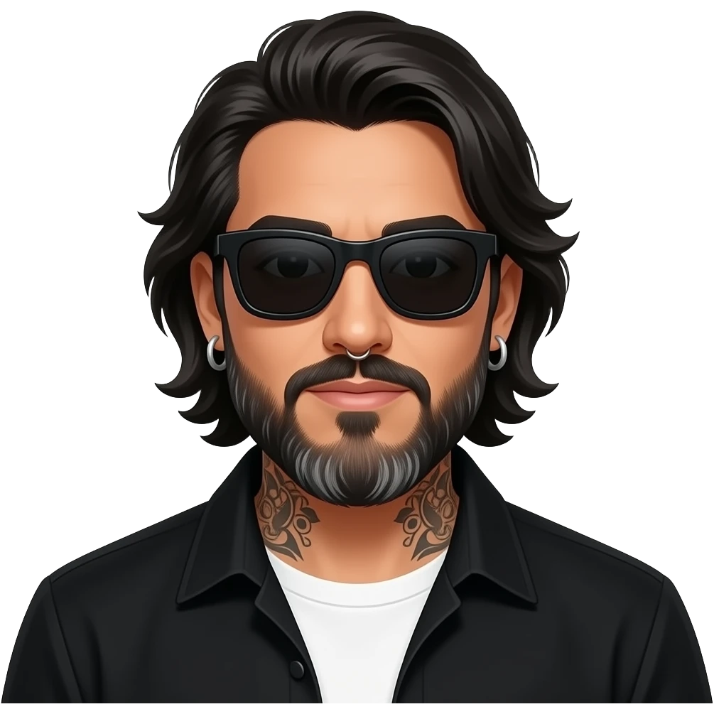 A podcast host who is a handsome Latino man with medium length hair and pretty long beard with some grays and tattoos with a right nose hoop and a left earring hoop wearing all black with a white undershirt and black sunglasses emoji