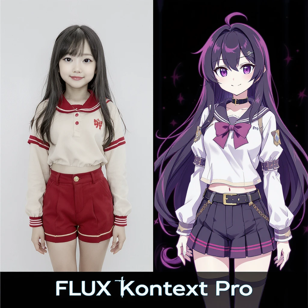 create before after image of a girl before is realsitic photo, after is anime version of her in same pose and clothes, add logo with text of a "FLUX Kontext Pro" emoji