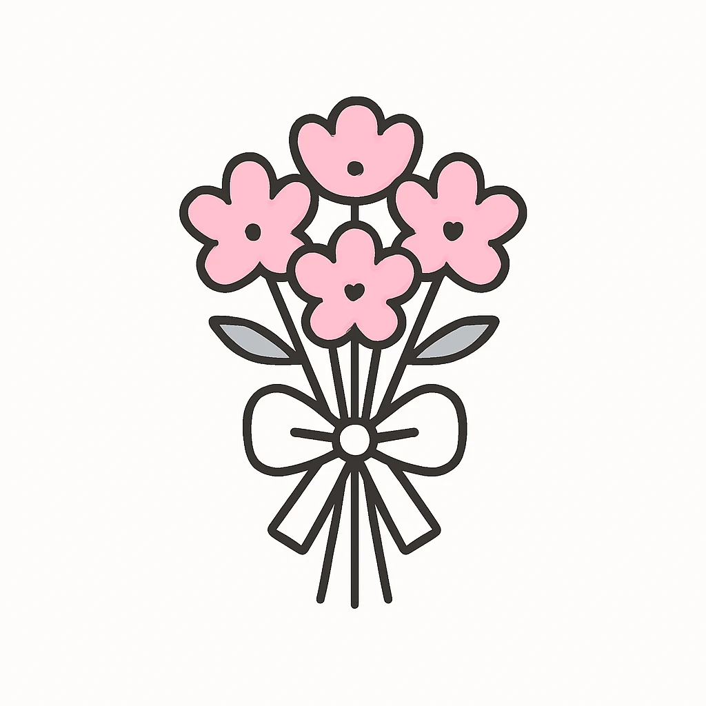 a pink bouquet of flowers with a white bow, elegant and cheerful, soft and romantic, cute and simple, minimal and modern emoji