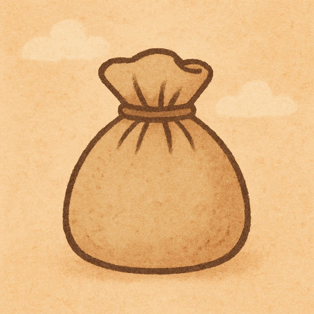 a small beige pouch, rounded bottom, cinched at the top, plain design, neutral background emoji