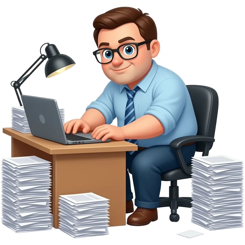 hazme un padre trabajando muy duro en su oficina. con mucho papeleo y muuuuuuuuuy, pero que muuuuuuuuuuuuy gordo emoji