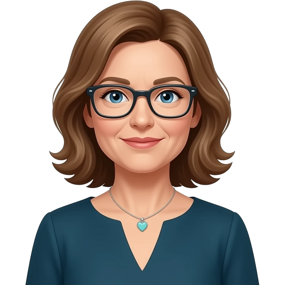 AJM - woman, blue eyes, mid 40's age, light brown hair, rectangular glasses, shoulder length wavy hair, small tiffany heart necklace, dark teal dress, emoji