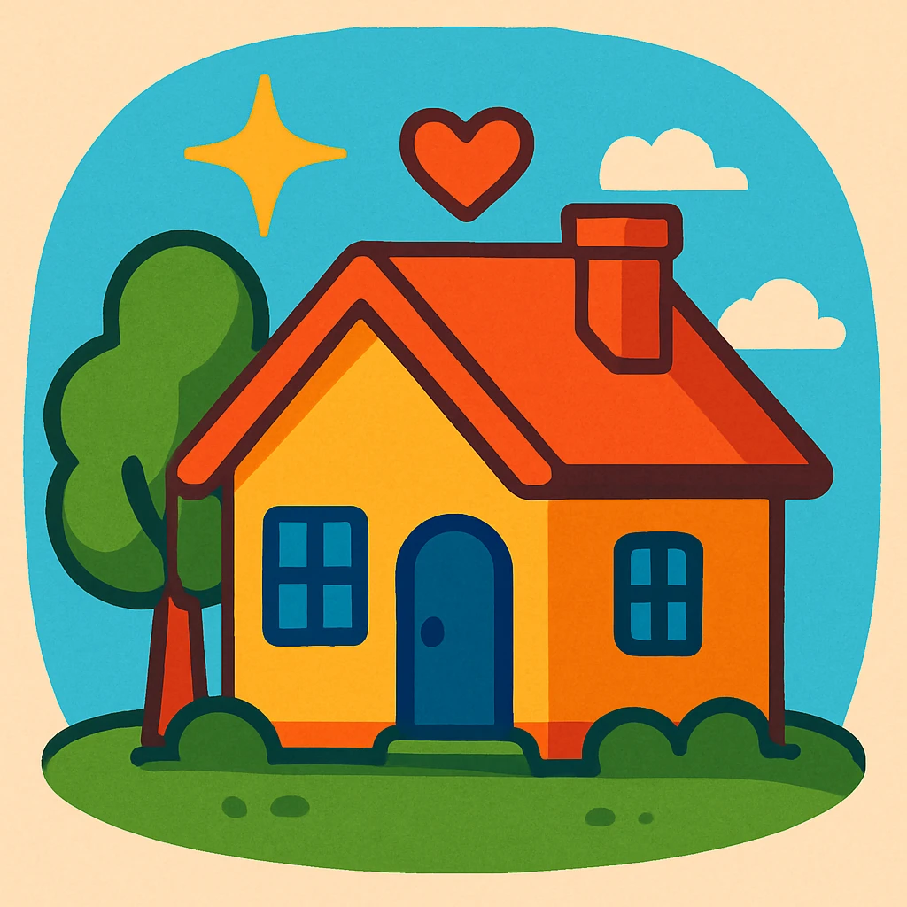 cute small house with a tree beside it, standing on soft green grass, a small heart above the house, golden star shining in the background, warm inviting style, symbolizing local pride, community rewards, youth-led impact emoji