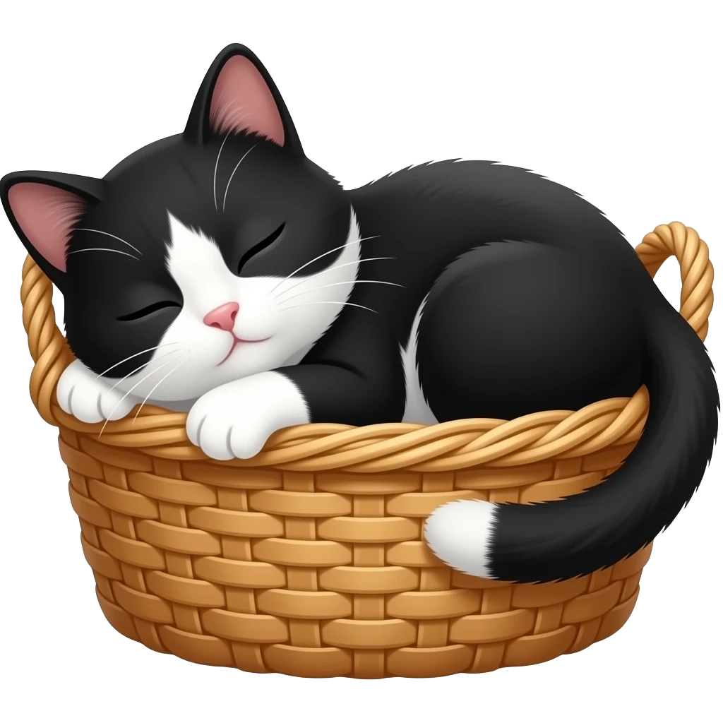 Gattino bianco e nero che dorme  su una cesta emoji