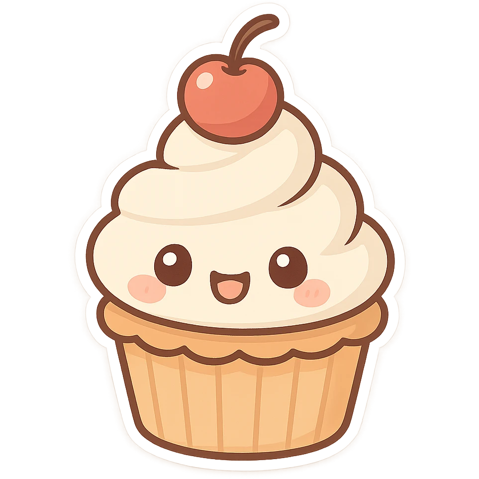 chibi sticker-style cupcake, cute and exaggerated emoji