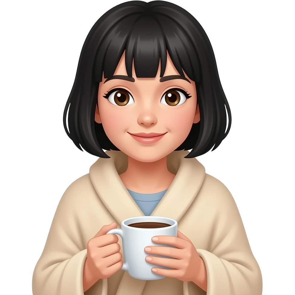 A white girl with short black hair, with a beige blanket and a very cozy coffee, in iPhone emoji style emoji