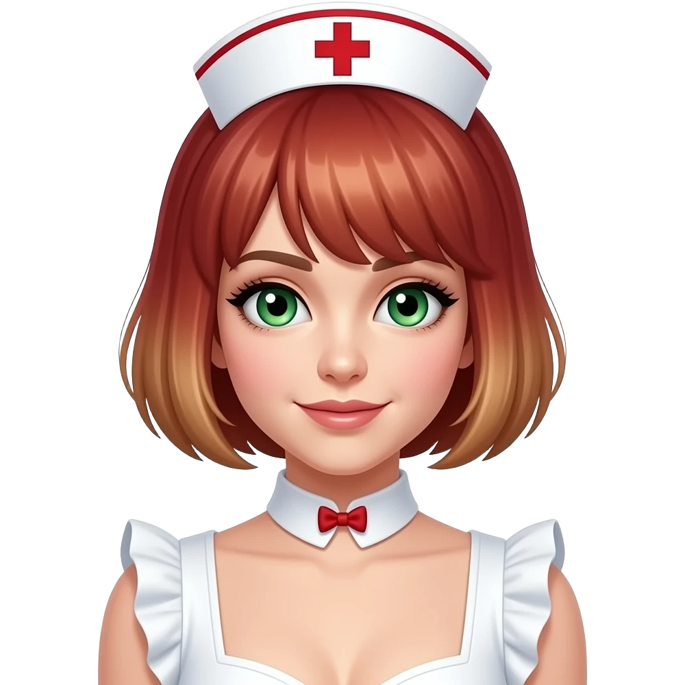 Diva in frilly nurse costume. Short red darkblonde hair. Green eyes emoji