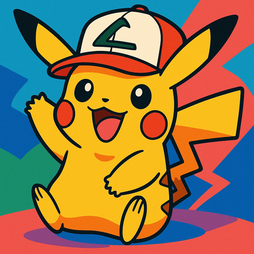 pikachu wearing Ash Ketchum's hat vibrant cartoon style emoji